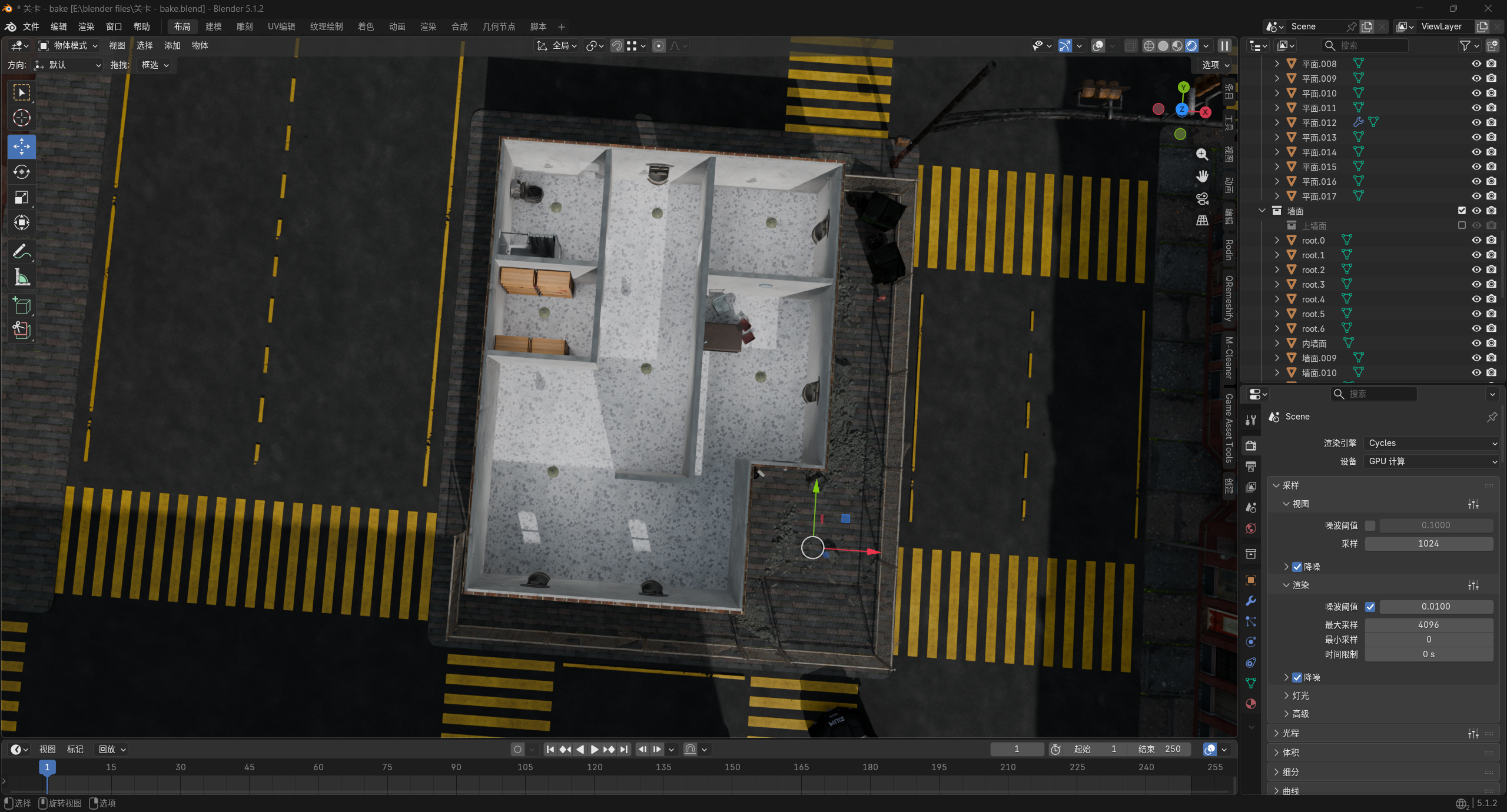Blender 中的关卡俯视截图，展示房间分隔、通行空间与掩体布置