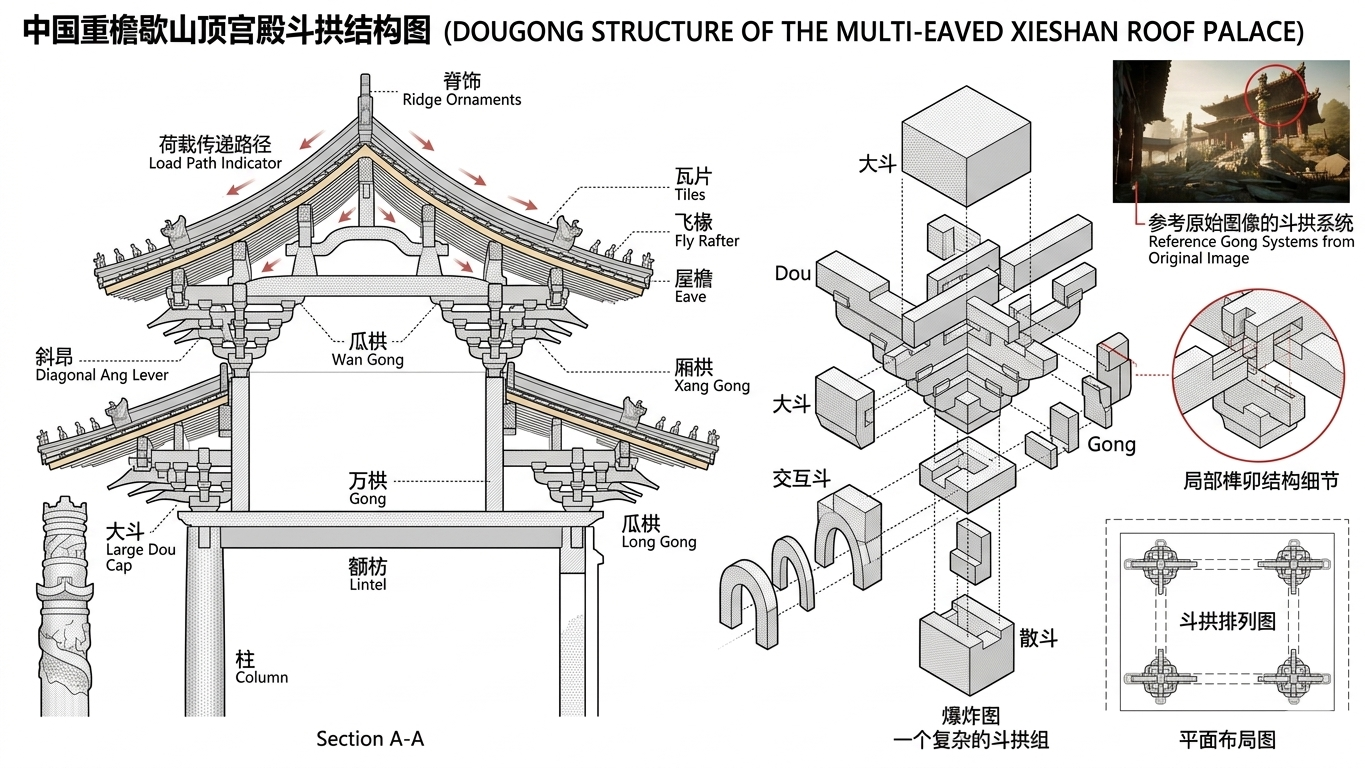 重檐歇山顶宫殿与斗栱结构参考，用于理解建筑层级和构件关系